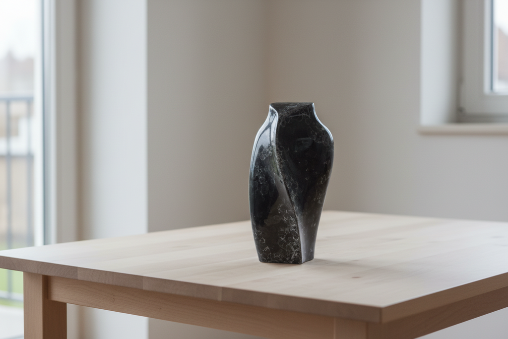 Keramische kunst urn Heart to Heart met zwart-wit marmerlook