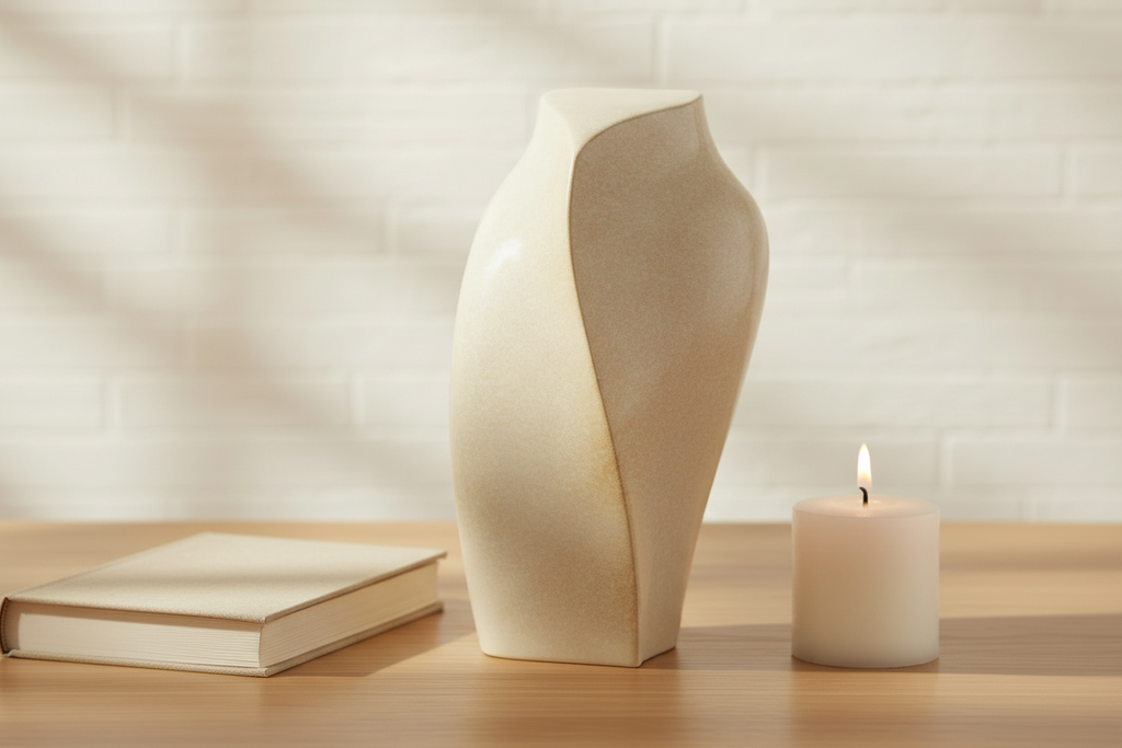 Keramische kunst urn Heart to Heart in warme beige kleur