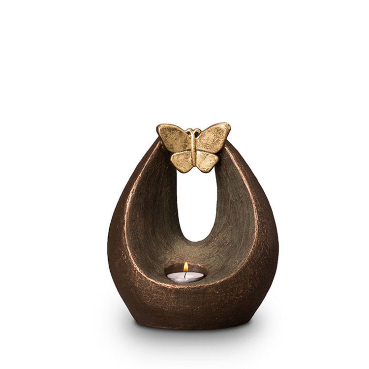 Keramische urn bronskleur met verlichte vlinder – handgemaakt kunstobject