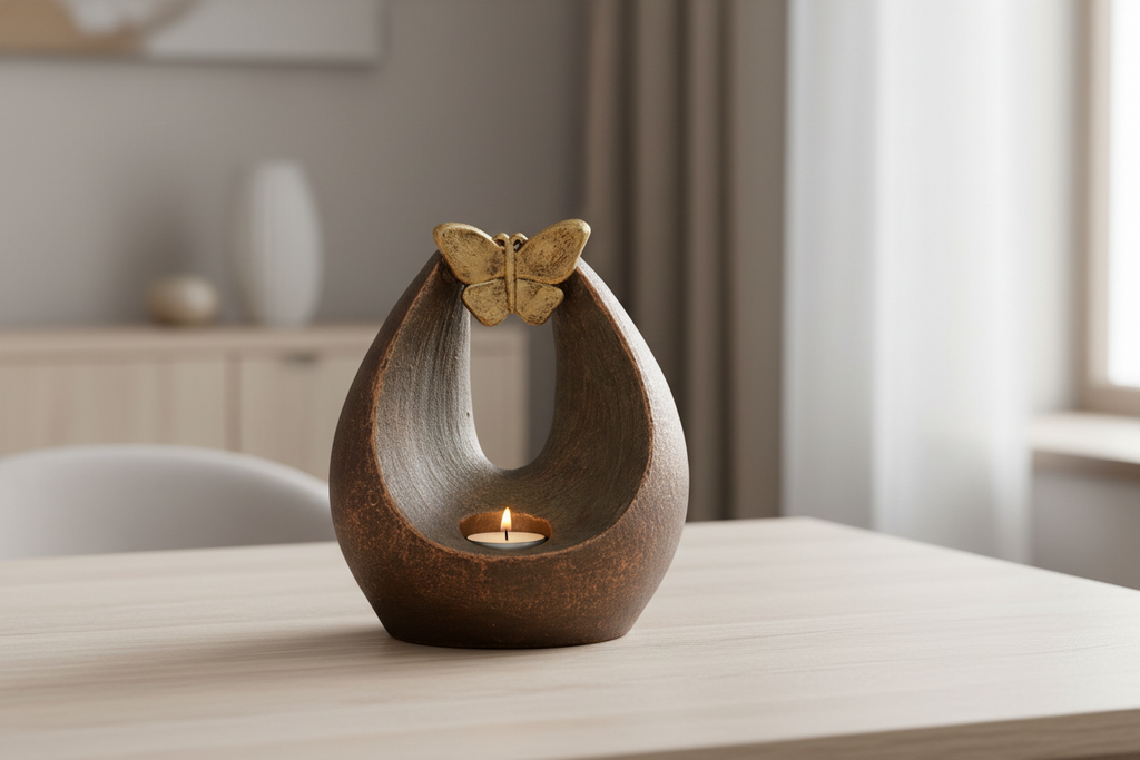 Keramische urn bronskleur met verlichte vlinder – handgemaakt kunstobject