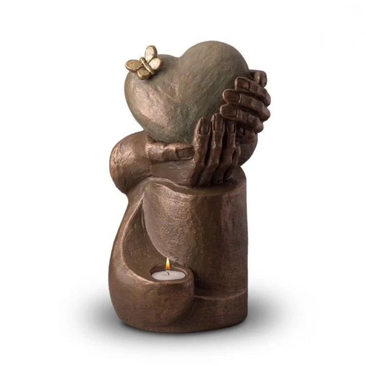 Keramische urn brons ‘Hartepijn op zuil’ met waxinelicht – Uniek handgemaakt kunstwerk