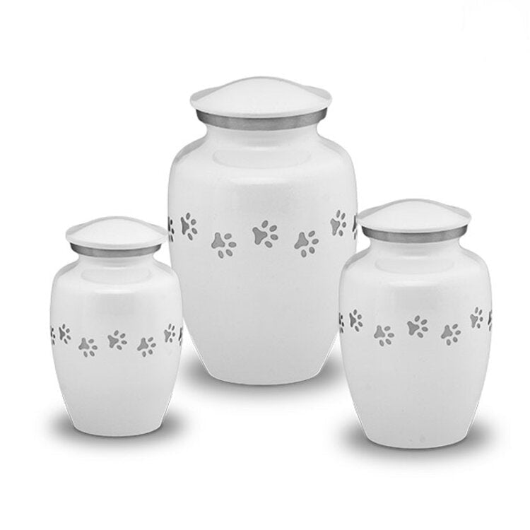 Metaal urn wit en zilver met dierenpootjes klein klassiek