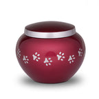 Medium metalen dierenurn bordeaux rood met zilverkleurige details glanzend en personaliseerbaar