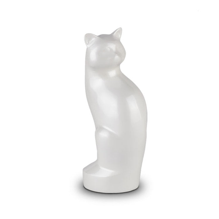 Witte metalen kattenurn glanzend met personalisatiemogelijkheid hoogwaardig ambachtelijk