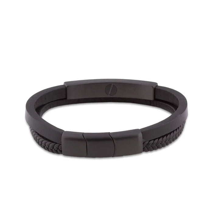 Lederen armband zwart gevlochten met RVS ashouder en magneetsluiting
