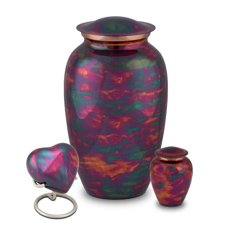 Metalen keepsake urn hartvormig met unieke Raku-kopermat